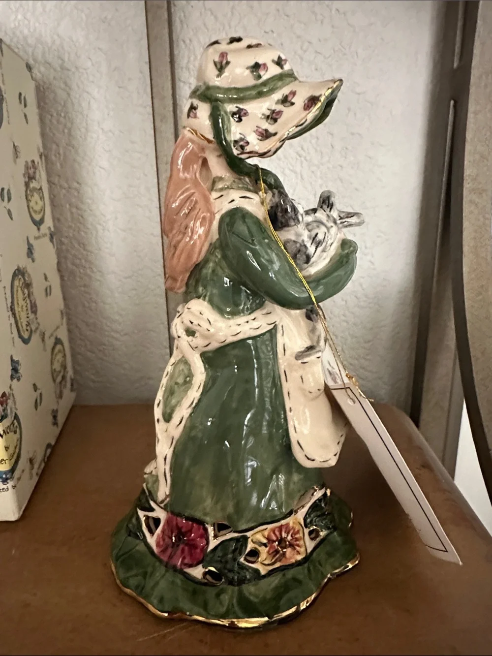 Blue Sky Green & Cream Girl Figurine Holding Cats